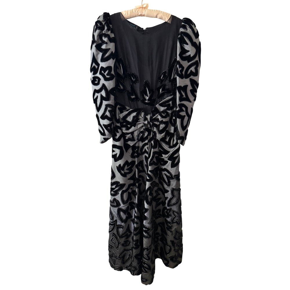 Mahsheed Couture Mayfair London Vintage Velvet Burnout Gown Black Silver Bow